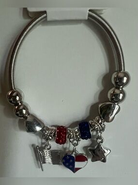 Silver-Tone Women’s Charm Bracelet with Red & Blue Accents